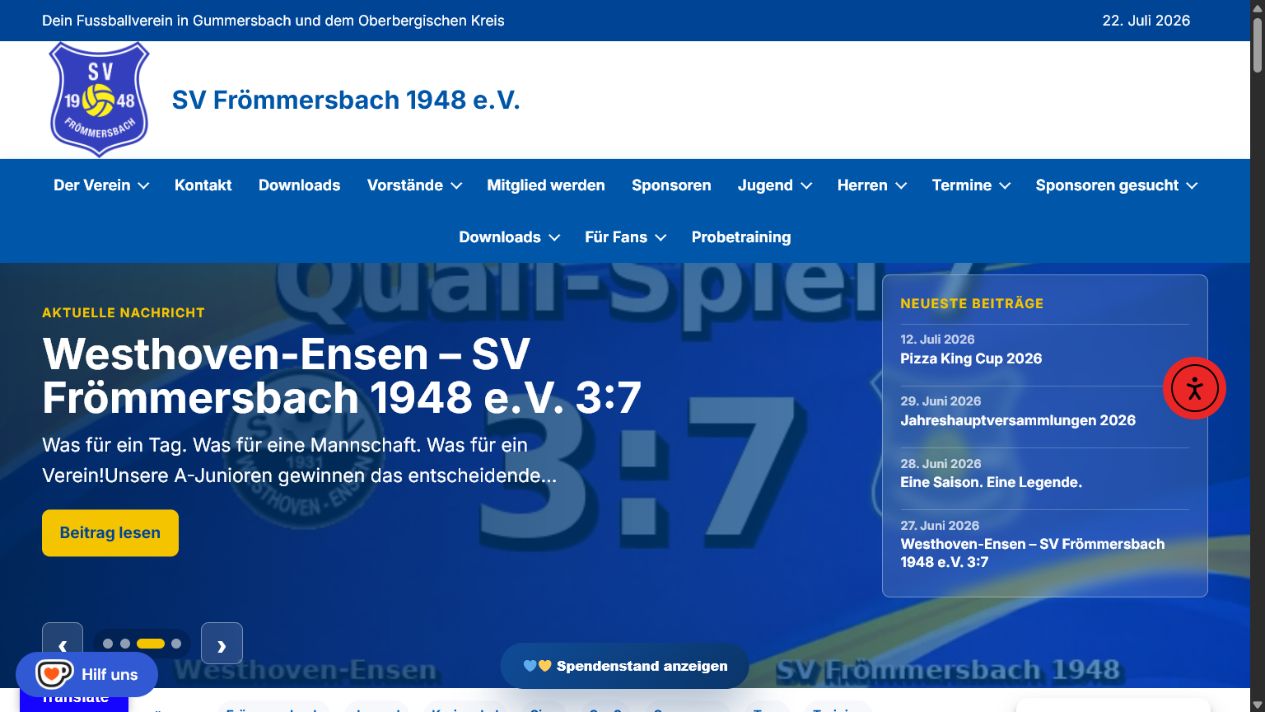Screenshot des modernisierten Webauftritts des SV Frömmersbach 1948 e.V.
