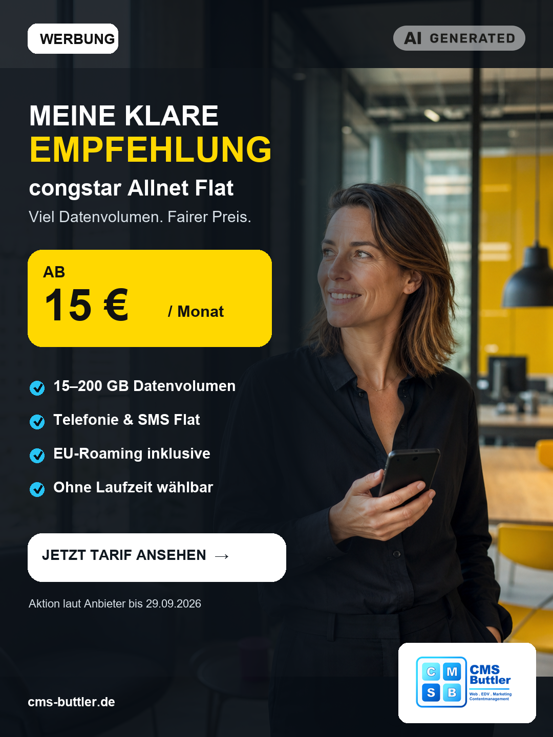 KI-generiertes Werbemotiv von CMS-Buttler zur congstar Allnet Flat mit 15 bis 200 GB ab 15 Euro monatlich; sichtbar gekennzeichnet mit Werbung und dem EU-Icon AI GENERATED.