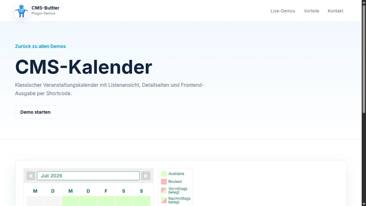 CMSB Kalender Plugin mit übersichtlicher Frei-belegt-Anzeige