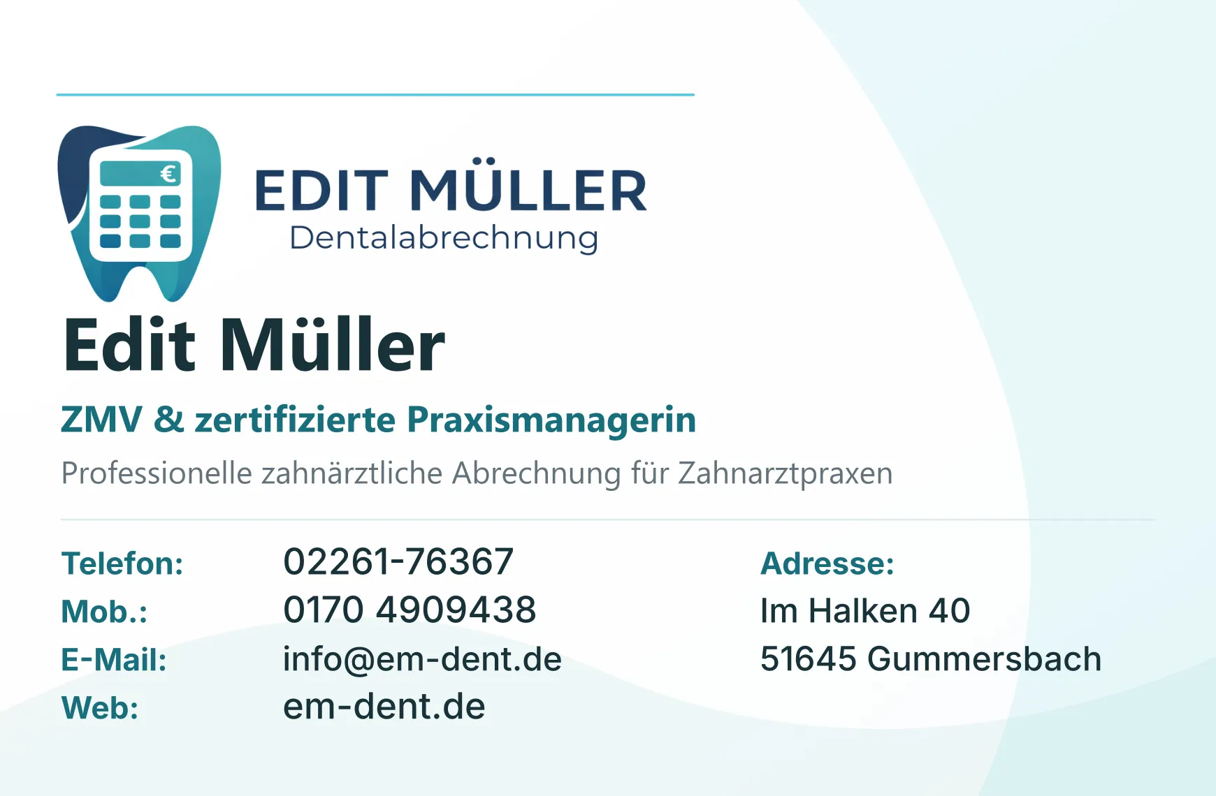 Von CMS-Buttler gestaltete Visitenkarte für EM-Dent Dentalabrechnung