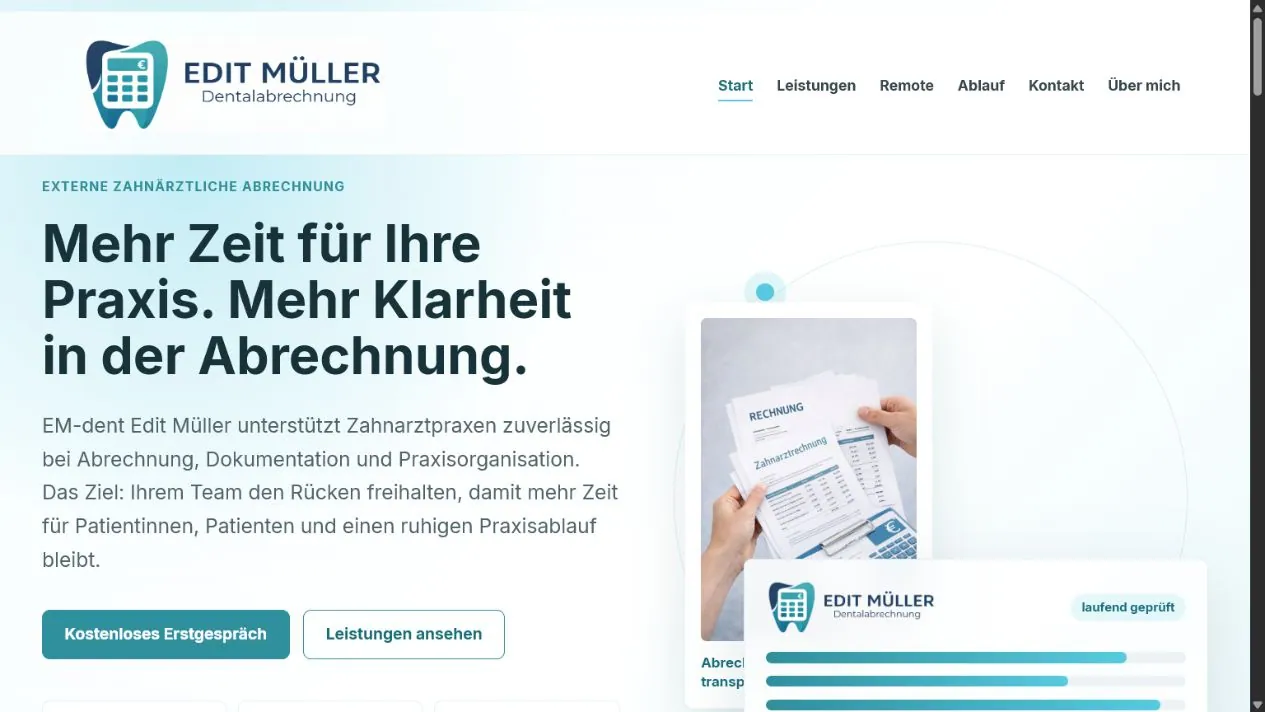 Screenshot des von CMS-Buttler erstellten Webauftritts für EM-Dent