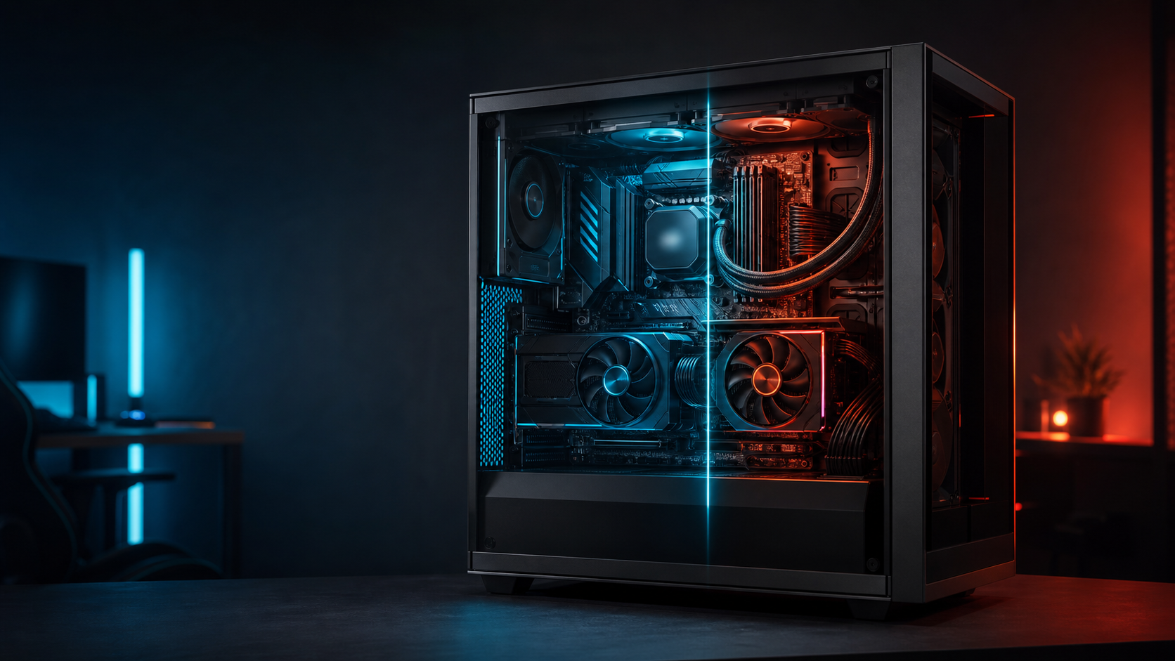 KI-generiertes, markenfreies Motiv eines hochwertigen Gaming-PCs mit blauer und roter Beleuchtung als Symbol für vier Hardware-Varianten.