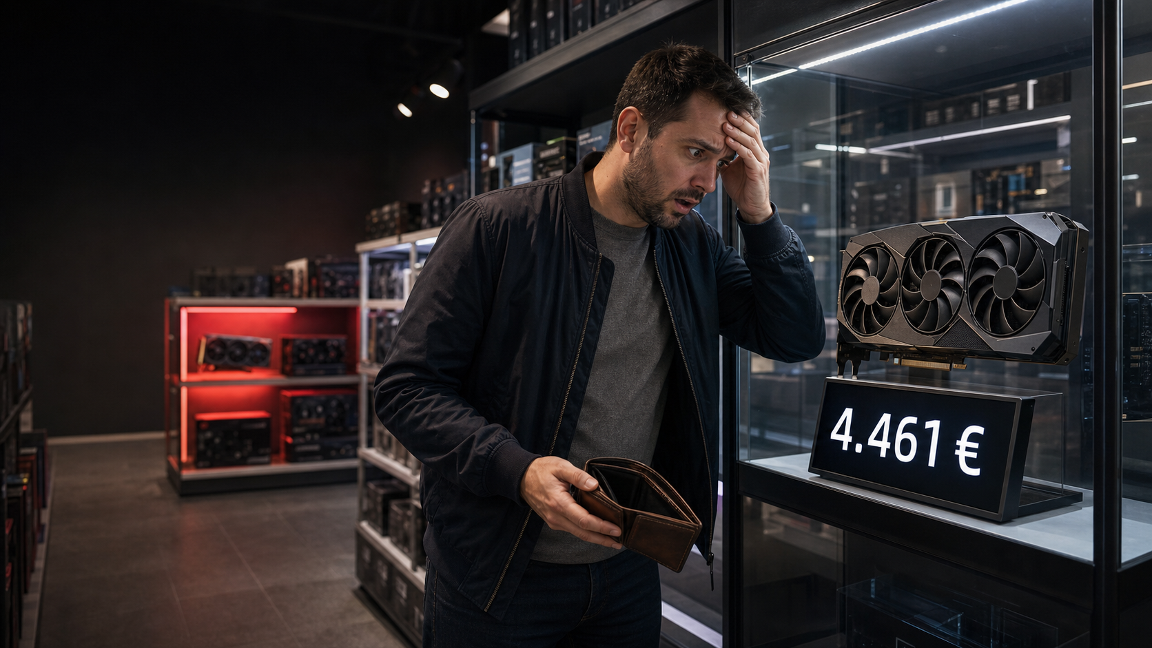 Fassungsloser Kunde betrachtet eine High-End-Grafikkarte mit einem Preis von 4.461 Euro