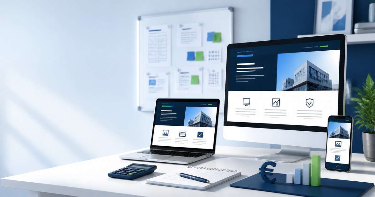 Professioneller Arbeitsplatz mit Website-Ansichten auf Desktop, Laptop und Smartphone sowie Symbolen für Planung und Kosten