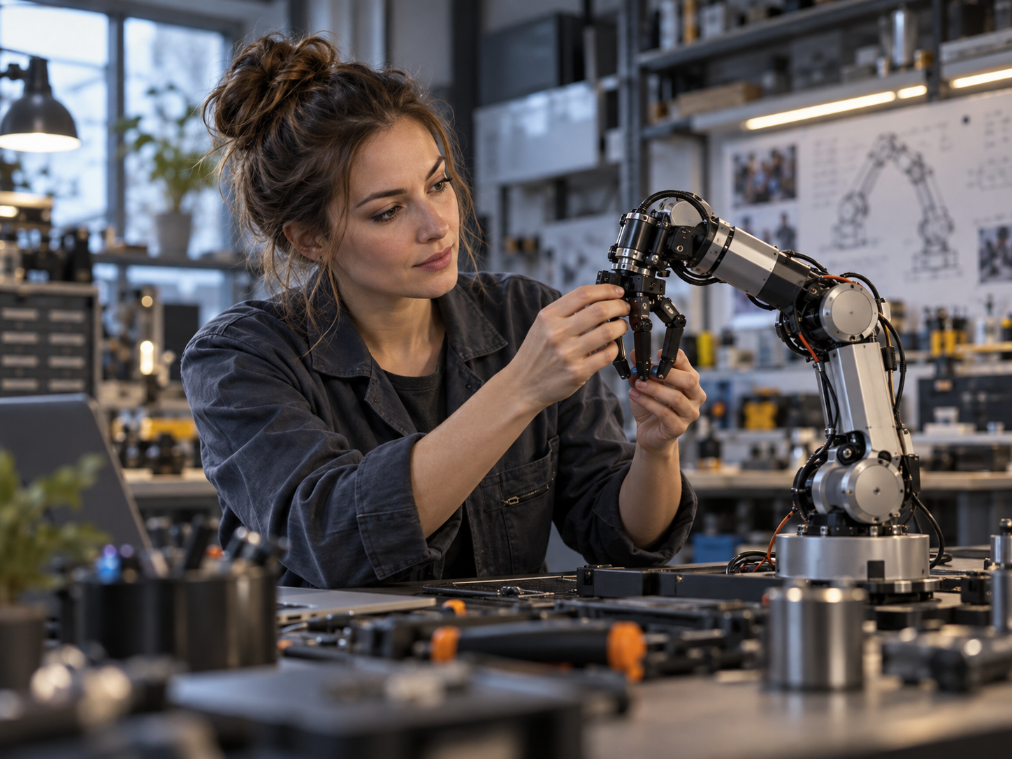 Robotik-Ingenieurin in einer Werkstatt als KI-Porträt