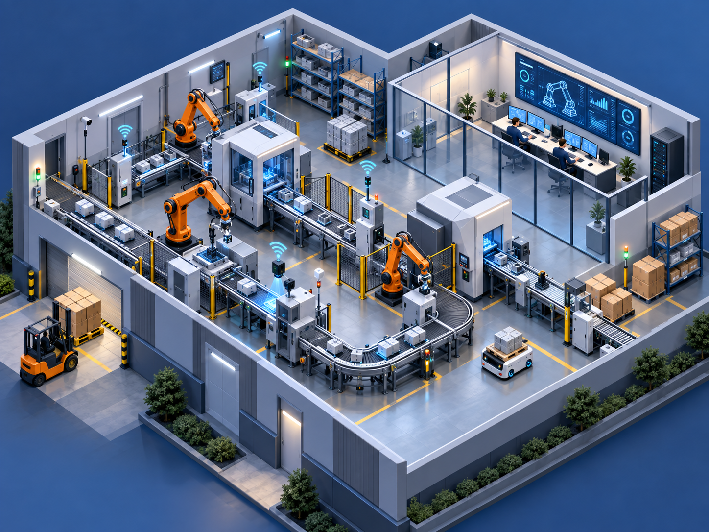 Isometrische Smart Factory als technisches 3D-Beispiel