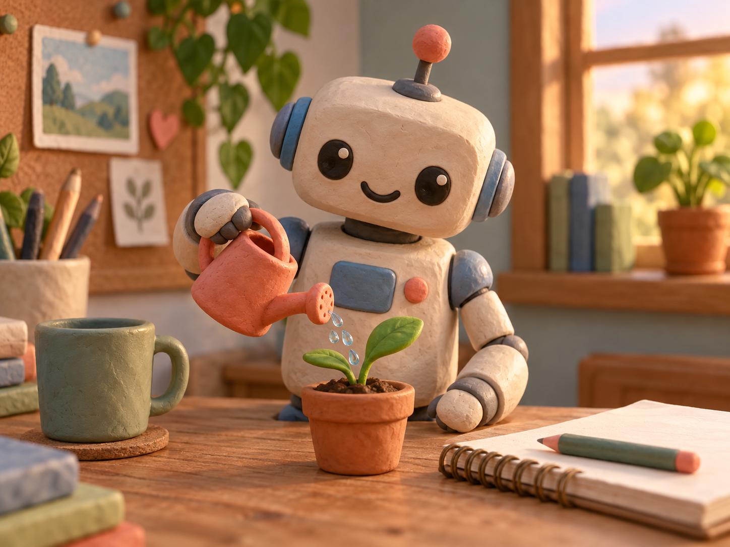 Freundlicher Clay-Roboter gießt eine Pflanze