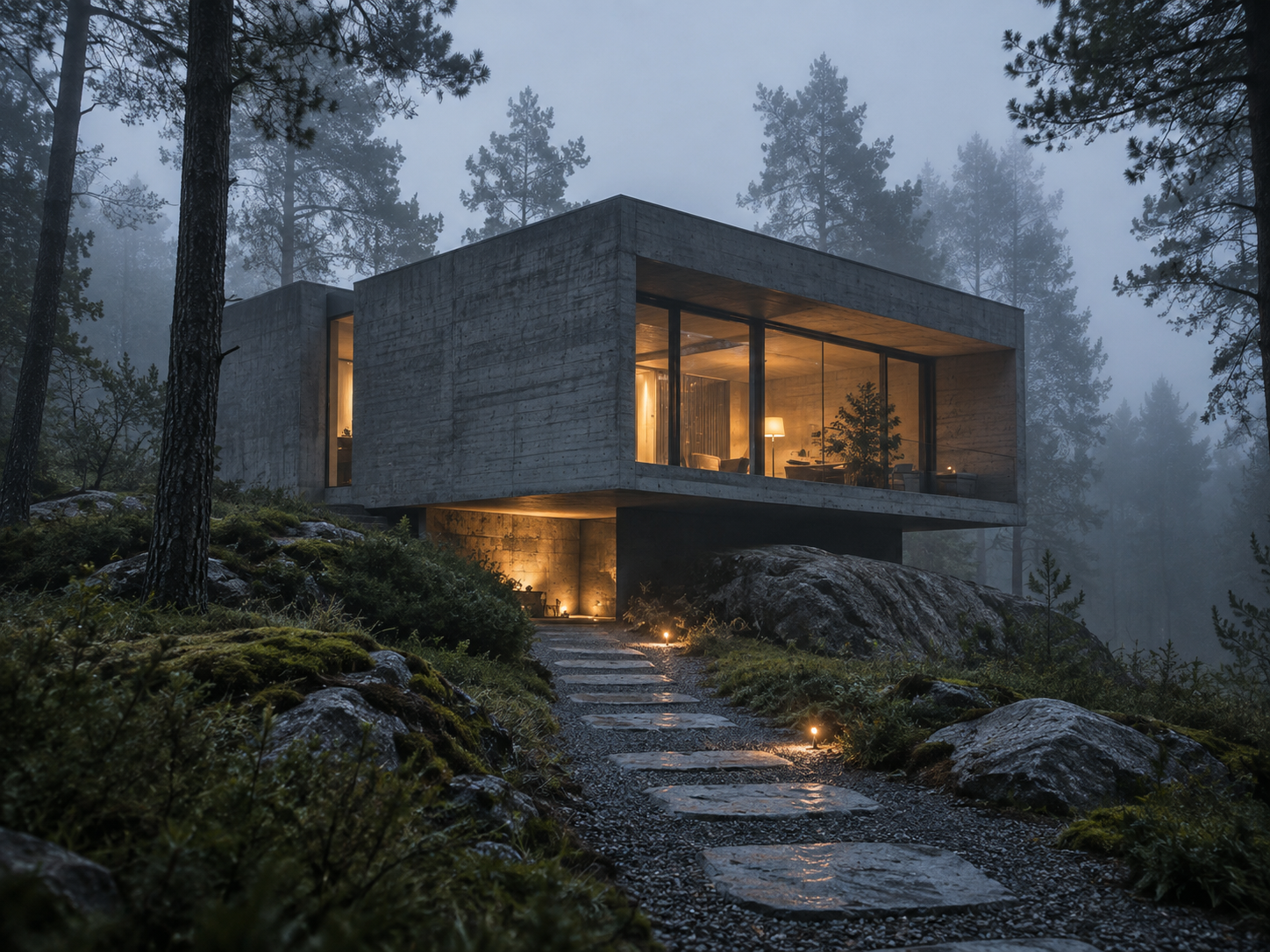 Brutalistisches Haus im nebligen Wald als KI-Architekturfoto