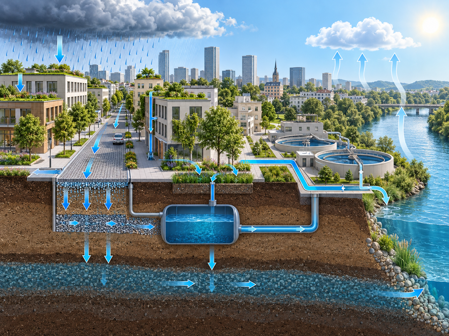 Urbane Wasserkreislauf-Infografik mit Gründächern und Zisterne