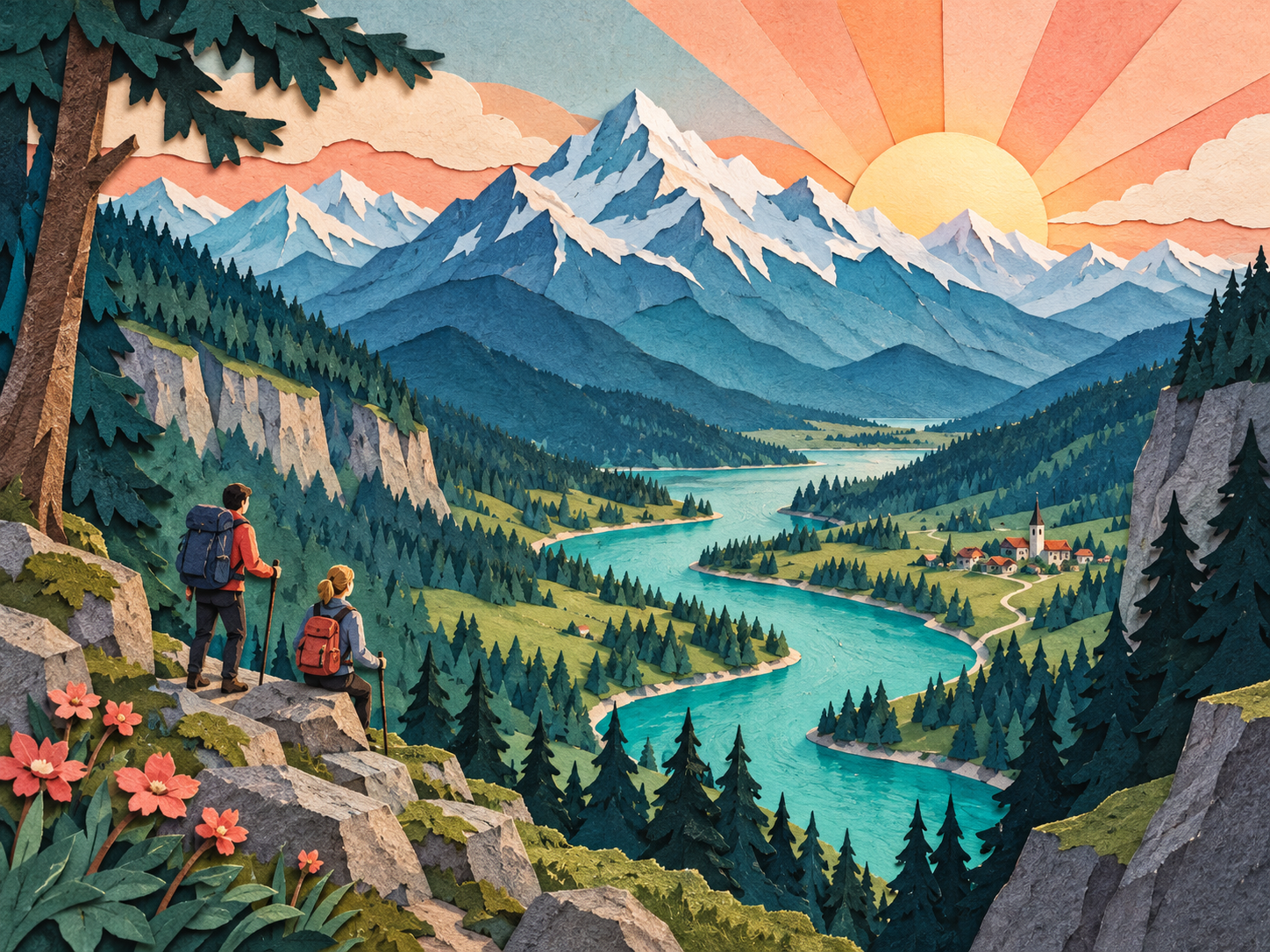 Paper-Cut-Berglandschaft mit Fluss und Wanderern