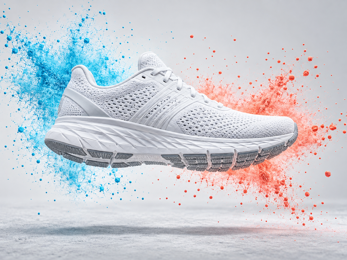 Weißer Laufschuh mit farbigen Pulverpartikeln als E-Commerce-Motiv