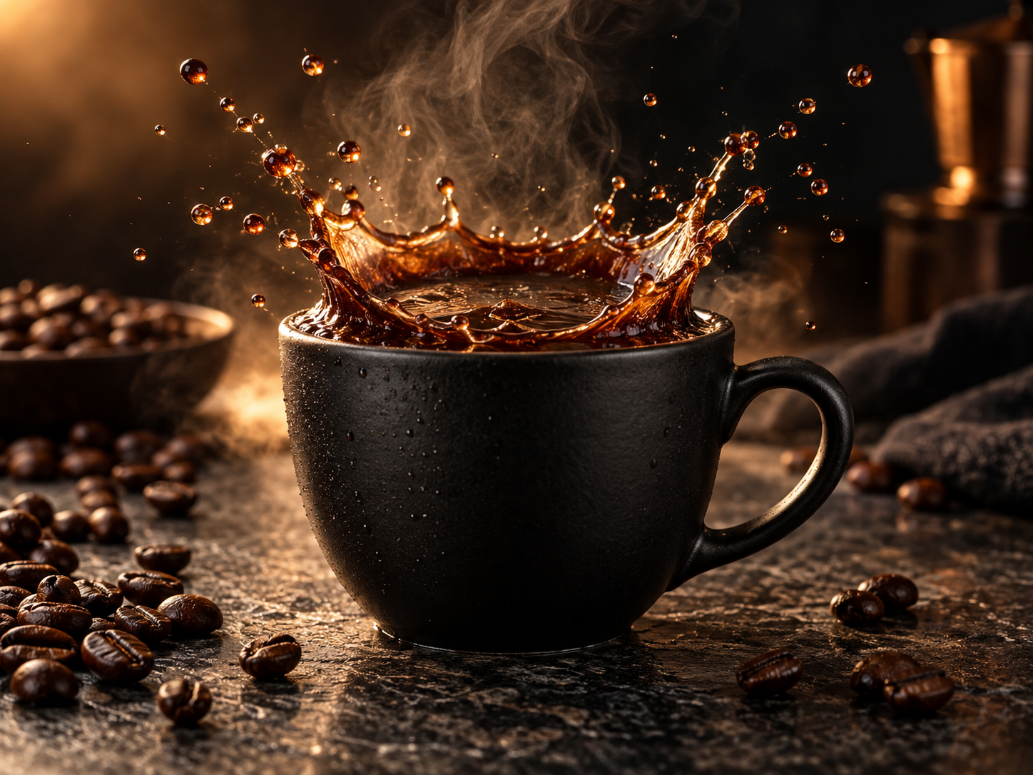 Schwarze Kaffeetasse mit eingefrorener Kaffeekrone als Werbemotiv