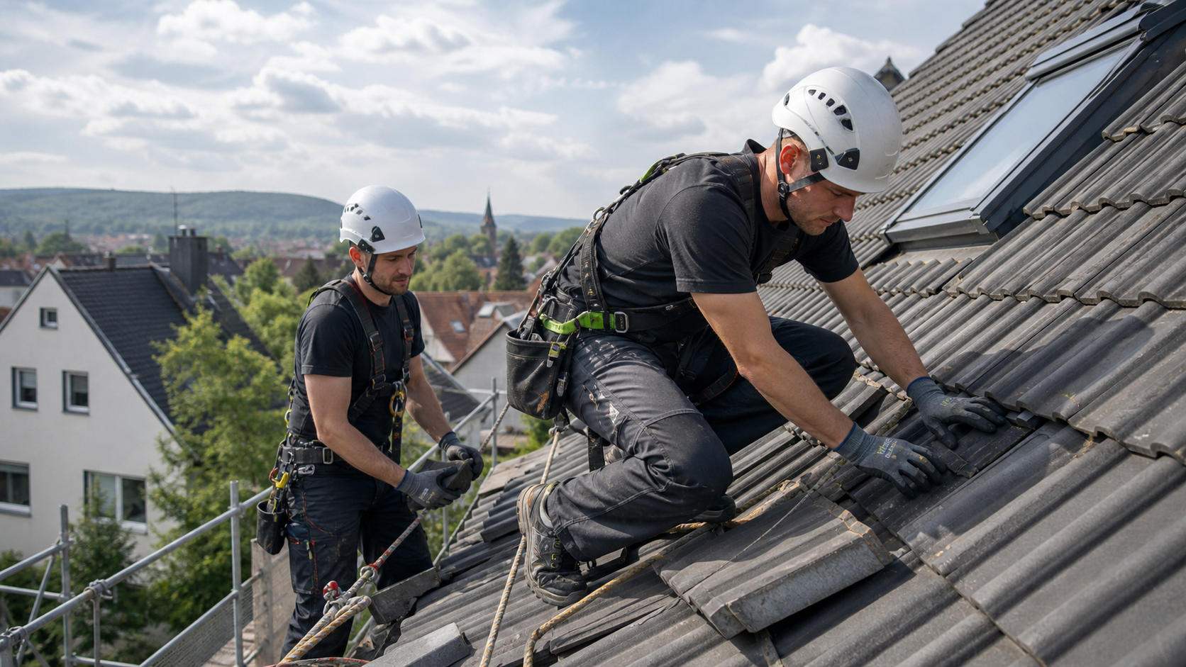 KI-generiertes Beispielbild zweier gesicherter Dachdecker bei einer Dachreparatur