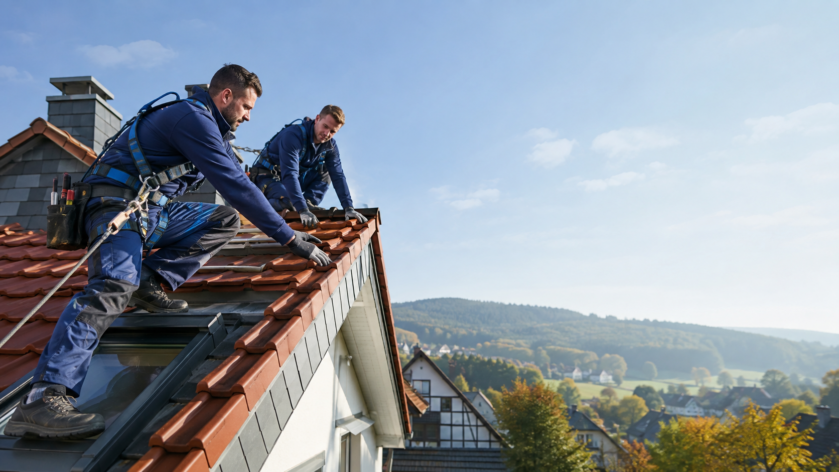 KI-generiertes Beispielbild eines Dachdeckerbetriebs bei Arbeiten an einem Wohnhaus