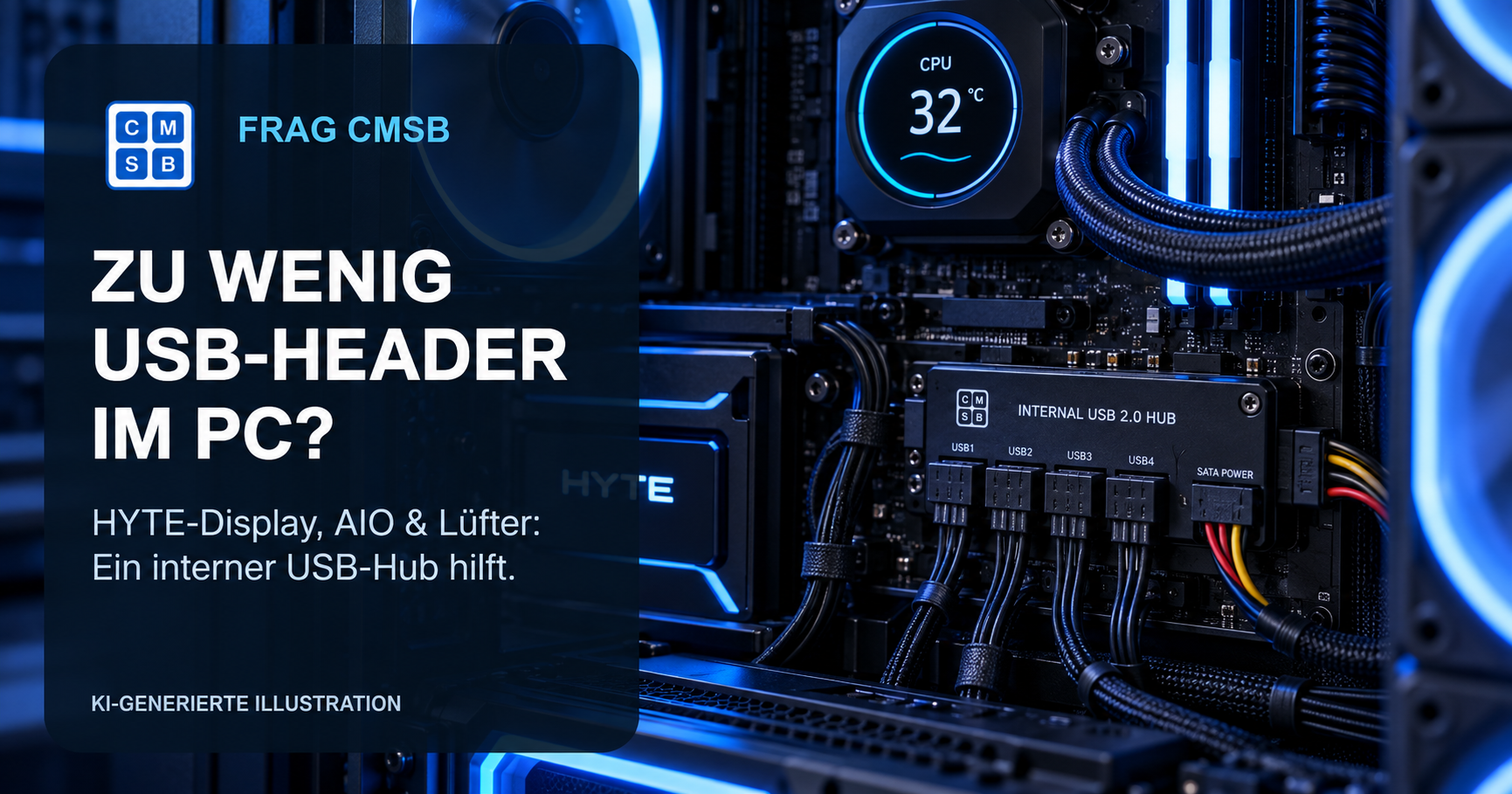 KI-generierte Illustration: Gaming-PC mit internem USB-Hub. Frag CMSB: Zu wenig USB-Header im PC?