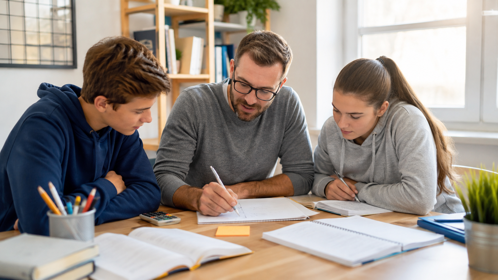 KI-generiertes Beispielbild eines Tutors beim Mathematiklernen mit zwei Jugendlichen