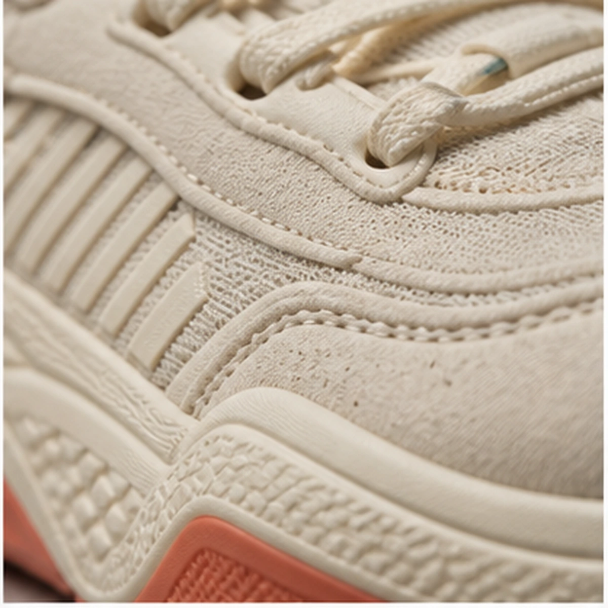 KI-generierte Makroaufnahme eines hellen Sneakers mit sichtbarer Stoffstruktur und Nähten