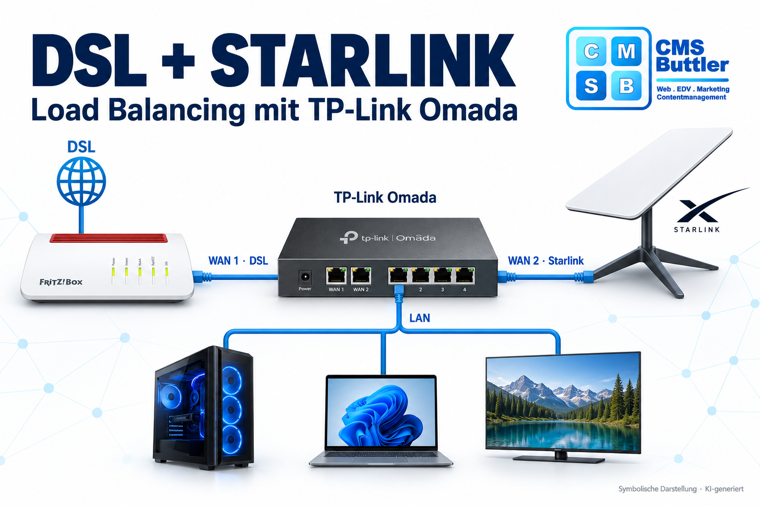 DSL über FRITZ!Box und Starlink als zwei WAN-Zugänge an einem TP-Link Omada Router mit gemeinsamem LAN