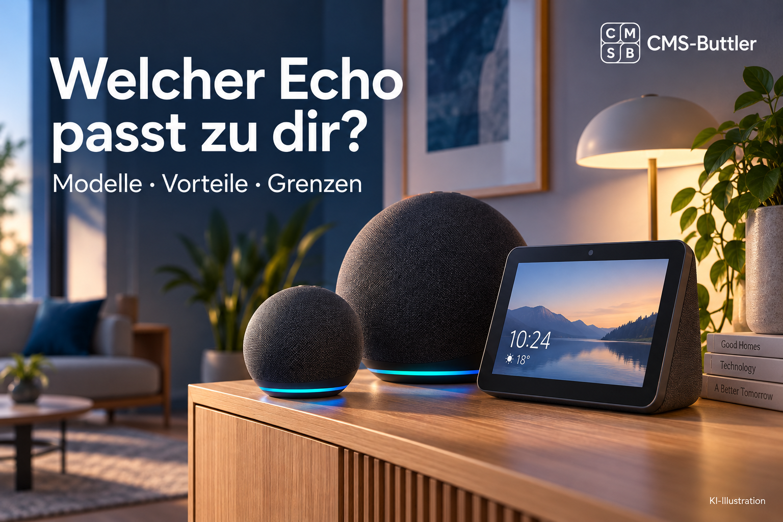 Amazon Echo Kaufberatung: Symbolbild mit Smart-Lautsprechern und Display