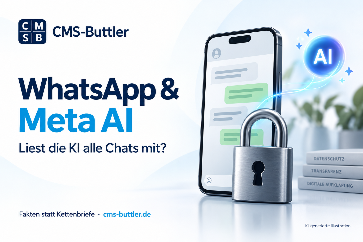 WhatsApp und Meta AI: Smartphone mit Schloss, symbolische Darstellung zum Chat-Datenschutz